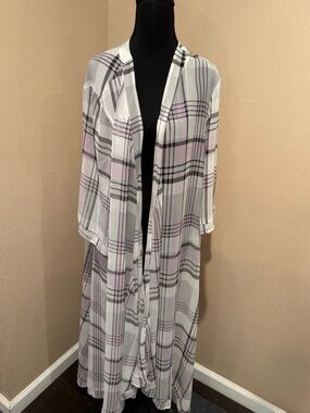 Torrid Plaid Sheer Long Kimono in White, Violet & Gray